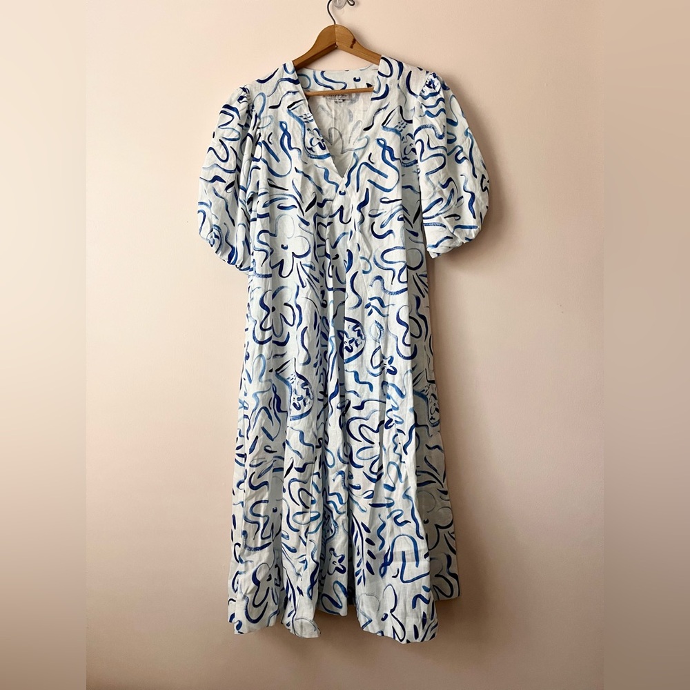 LJC Designs Flowy Linen Dress White and Blue Balloon Sleeves Pockets Size Small